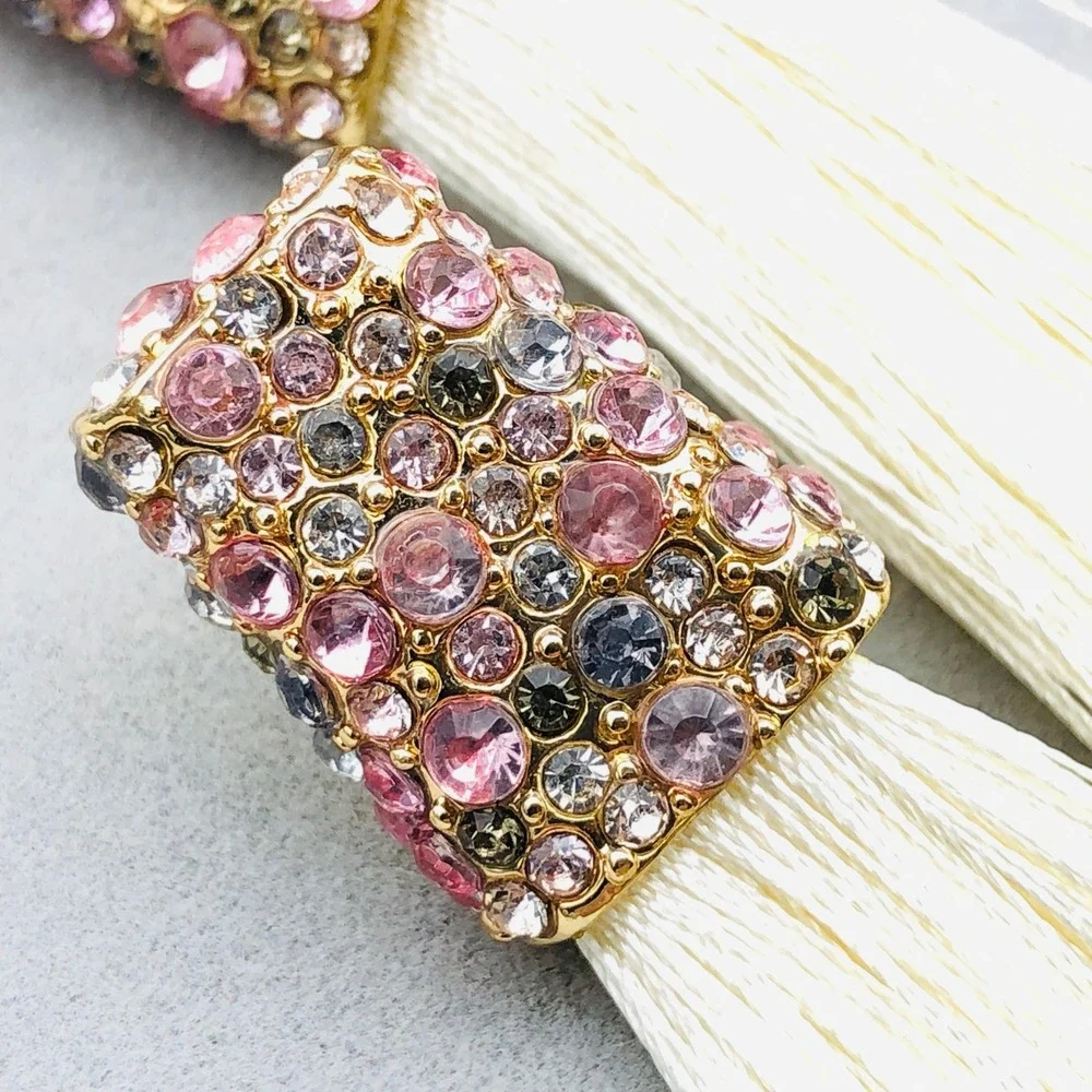Dangle Earrings Set 2 Pair Gold‎ Tone Chandelier Pink Rhinestone White Tassel